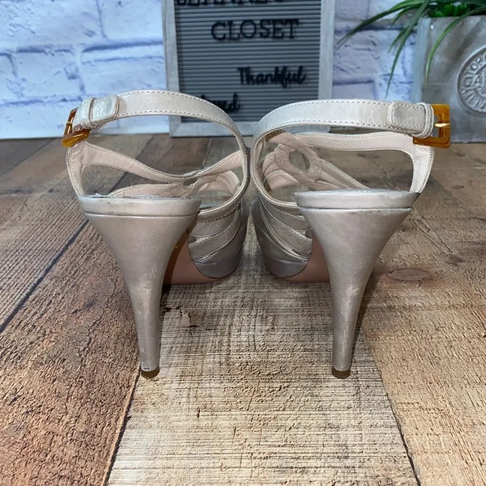 Prada Sandals Beige Gray Leather T-Strap Platform Heel Size 39.5 / US 9